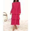 imageZESICA Womens 2025 Long Sleeve Crew Neck Ruffle Tiered Layered Chiffon Flowy Swing Long Midi DressRose