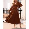 imageZESICA Womens Velvet Midi Dress 2025 Casual V Neck Long Sleeve Solid Color Elastic High Waist Flowy Evening Party DressesCaramel