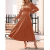 imageZESICA Womens Velvet Midi Dress 2025 Casual V Neck Long Sleeve Solid Color Elastic High Waist Flowy Evening Party DressesOrange Red