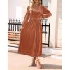 imageZESICA Womens Velvet Midi Dress 2025 Casual V Neck Long Sleeve Solid Color Elastic High Waist Flowy Evening Party DressesOrange Red