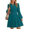 imageZESICA Fall Long Sleeve Mini Dresses for Women 2025 Lightweight V Neck High Waist A Line Flowy Swing Casual Party DressTeal