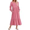 imageZESICA Womens 2025 Fall Long Sleeve Dress Crewneck Casual Loose Pleated Tiered Swing Midi Dresses with PocketsPink