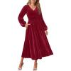 imageZESICA Womens Velvet Midi Dress 2025 Casual V Neck Long Sleeve Solid Color Elastic High Waist Flowy Evening Party DressesWine Red