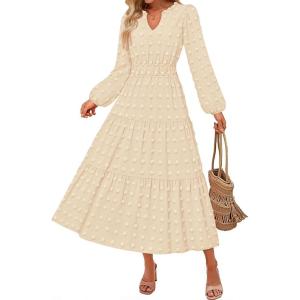 imageZESICA Boho Fall Maxi Dresses for Women 2025 Dressy Casual Long Sleeve Swiss Dot Tiered Flowy Swing Wedding Guest Long DressApricot