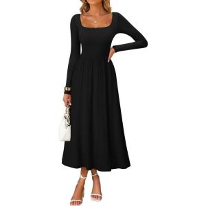 imageZESICA Fall Dresses for Women 2025 Elegant Classy Square Neck Long Sleeve Flowy Wedding Guest Party Midi DressBlack