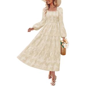 imageZESICA Womens 2025 Fall Floral Midi Dress Long Sleeve Smocked Flowy Long Wedding Guest Vacation DressesApricot
