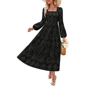 imageZESICA Womens 2025 Fall Floral Midi Dress Long Sleeve Smocked Flowy Long Wedding Guest Vacation DressesBlack