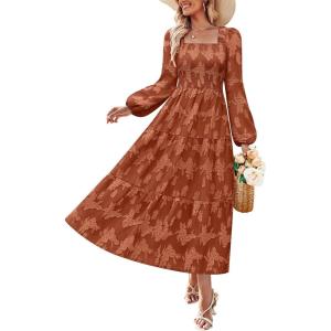 imageZESICA Womens 2025 Fall Floral Midi Dress Long Sleeve Smocked Flowy Long Wedding Guest Vacation DressesCaramel