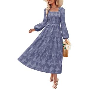 imageZESICA Womens 2025 Fall Floral Midi Dress Long Sleeve Smocked Flowy Long Wedding Guest Vacation DressesDustyblue