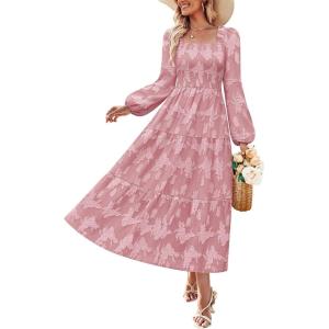 imageZESICA Womens 2025 Fall Floral Midi Dress Long Sleeve Smocked Flowy Long Wedding Guest Vacation DressesPink