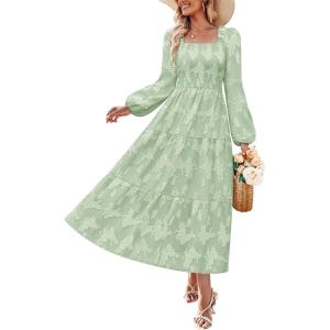 imageZESICA Womens 2025 Fall Floral Midi Dress Long Sleeve Smocked Flowy Long Wedding Guest Vacation DressesSage