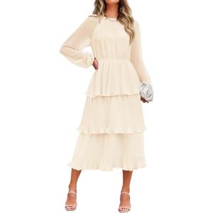 imageZESICA Womens 2025 Long Sleeve Crew Neck Ruffle Tiered Layered Chiffon Flowy Swing Long Midi DressApricot