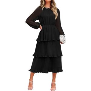 imageZESICA Womens 2025 Long Sleeve Crew Neck Ruffle Tiered Layered Chiffon Flowy Swing Long Midi DressBlack