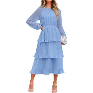 imageZESICA Womens 2025 Long Sleeve Crew Neck Ruffle Tiered Layered Chiffon Flowy Swing Long Midi DressLightblue