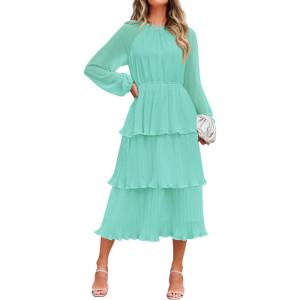 imageZESICA Womens 2025 Long Sleeve Crew Neck Ruffle Tiered Layered Chiffon Flowy Swing Long Midi DressMint