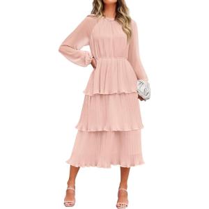 imageZESICA Womens 2025 Long Sleeve Crew Neck Ruffle Tiered Layered Chiffon Flowy Swing Long Midi DressPink
