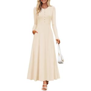 imageZESICA Womens Elegant Maxi Dresses 2025 Fall Long Sleeve Button Casual A Line Boho Flowy Dress with PocketsApricot