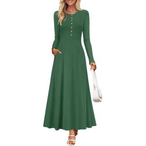 imageZESICA Womens Elegant Maxi Dresses 2025 Fall Long Sleeve Button Casual A Line Boho Flowy Dress with PocketsBlackish Green