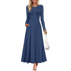 imageZESICA Womens Elegant Maxi Dresses 2025 Fall Long Sleeve Button Casual A Line Boho Flowy Dress with PocketsBlue Grey