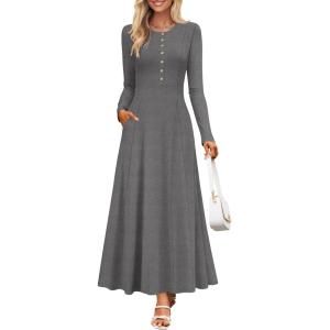 imageZESICA Womens Elegant Maxi Dresses 2025 Fall Long Sleeve Button Casual A Line Boho Flowy Dress with PocketsGrey