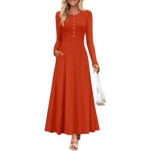 imageZESICA Womens Elegant Maxi Dresses 2025 Fall Long Sleeve Button Casual A Line Boho Flowy Dress with PocketsRust