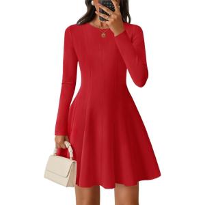 imageZESICA Womens Fall Long Sleeve Mini Dress 2025 Boat Neck Pleated Babydoll A Line Flowy Casual Trendy Party Short DressesRed