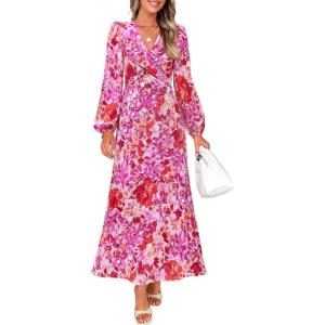 imageZESICA Womens Long Sleeve Midi Dresses 2025 Fall Square Neck Hight Wasit A Line Flowy Wedding Cocktail Party DressPink