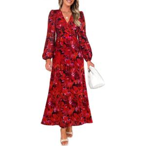 imageZESICA Womens Long Sleeve Midi Dresses 2025 Fall Square Neck Hight Wasit A Line Flowy Wedding Cocktail Party DressRed