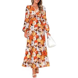 imageZESICA Womens Long Sleeve Midi Dresses 2025 Fall Square Neck Hight Wasit A Line Flowy Wedding Cocktail Party DressTangerine
