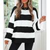 imageZESICA Womens 2025 Fall Long Sleeve Oversized Striped Color Block Comfy Loose Crew Neck Knitted Pullover SweaterBlackstriped