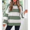 imageZESICA Womens 2025 Fall Long Sleeve Oversized Striped Color Block Comfy Loose Crew Neck Knitted Pullover SweaterGreen