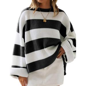 imageZESICA Womens 2025 Fall Long Sleeve Oversized Striped Color Block Comfy Loose Crew Neck Knitted Pullover SweaterBlackstriped