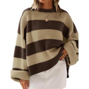 imageZESICA Womens 2025 Fall Long Sleeve Oversized Striped Color Block Comfy Loose Crew Neck Knitted Pullover SweaterBrown