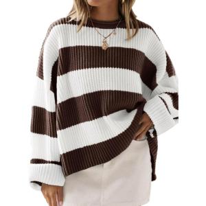 imageZESICA Womens 2025 Fall Long Sleeve Oversized Striped Color Block Comfy Loose Crew Neck Knitted Pullover SweaterCoffee