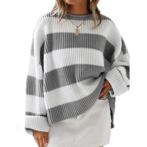 imageZESICA Womens 2025 Fall Long Sleeve Oversized Striped Color Block Comfy Loose Crew Neck Knitted Pullover SweaterGrey