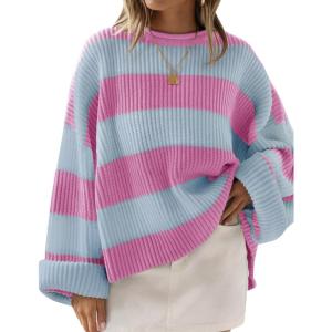 imageZESICA Womens 2025 Fall Long Sleeve Oversized Striped Color Block Comfy Loose Crew Neck Knitted Pullover SweaterRosypink