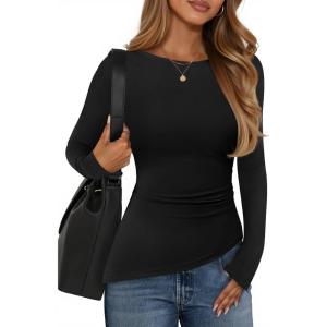 imageZESICA Womens Floral Long Sleeve Shirts 2025 Fall Boat Neck Mesh Ruched Tops Fitted Asymmetrical Going Out BlousesEbony