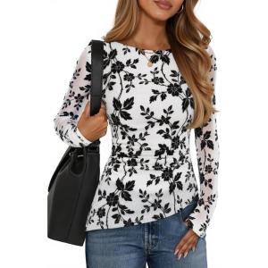 imageZESICA Womens Floral Long Sleeve Shirts 2025 Fall Boat Neck Mesh Ruched Tops Fitted Asymmetrical Going Out BlousesWhite