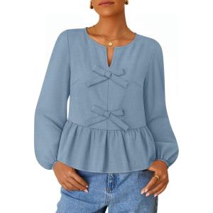 imageZESICA Womens Long Sleeve Babydoll Tops Crewneck Tie Front Casual Loose Ruffle Flowy Peplum Shirts 2025 Fall BlousesDustyblue