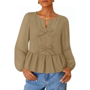 imageZESICA Womens Long Sleeve Babydoll Tops Crewneck Tie Front Casual Loose Ruffle Flowy Peplum Shirts 2025 Fall BlousesKhaki