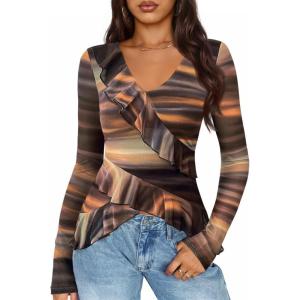 imageZESICA Womens Long Sleeve Floral Shirts V Neck Going Out Ruffle Tops Blouses 2025 Fall Fashion Clothes OutfitsBrown