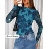 imageZESICA Fall Floral Long Sleeve Tops for Women 2025 Mock Neck Mesh Ruched Slim Fit Going Out T Shirts Trendy BlousesBlue