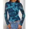 imageZESICA Fall Floral Long Sleeve Tops for Women 2025 Mock Neck Mesh Ruched Slim Fit Going Out T Shirts Trendy BlousesBlue