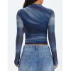 imageZESICA Fall Floral Long Sleeve Tops for Women 2025 Mock Neck Mesh Ruched Slim Fit Going Out T Shirts Trendy BlousesDusty Blue