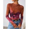 imageZESICA Fall Floral Long Sleeve Tops for Women 2025 Mock Neck Mesh Ruched Slim Fit Going Out T Shirts Trendy BlousesPurple
