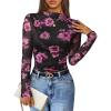 imageZESICA Fall Floral Long Sleeve Tops for Women 2025 Mock Neck Mesh Ruched Slim Fit Going Out T Shirts Trendy BlousesBlack