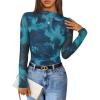 imageZESICA Fall Floral Long Sleeve Tops for Women 2025 Mock Neck Mesh Ruched Slim Fit Going Out T Shirts Trendy BlousesBlue