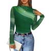 imageZESICA Fall Floral Long Sleeve Tops for Women 2025 Mock Neck Mesh Ruched Slim Fit Going Out T Shirts Trendy BlousesDark Green