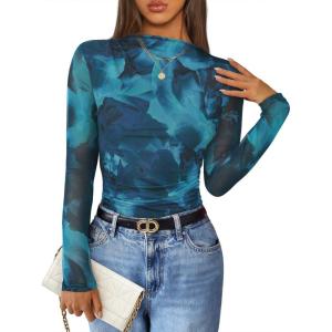 imageZESICA Fall Floral Long Sleeve Tops for Women 2025 Mock Neck Mesh Ruched Slim Fit Going Out T Shirts Trendy BlousesBlue