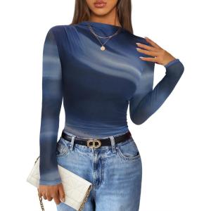 imageZESICA Fall Floral Long Sleeve Tops for Women 2025 Mock Neck Mesh Ruched Slim Fit Going Out T Shirts Trendy BlousesDusty Blue